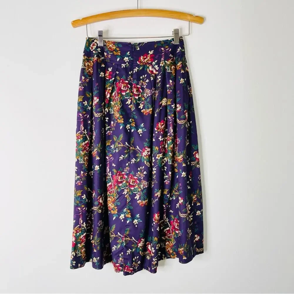 Vintage purple cream pink floral pleated cottagecore midi skirt  2P